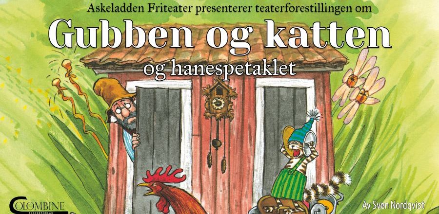 Raud låve, gubbe, katt og grøn natur bak