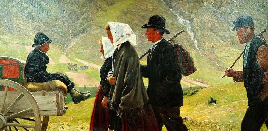 Måleri av mennesker på reise i klede frå 1800-talet