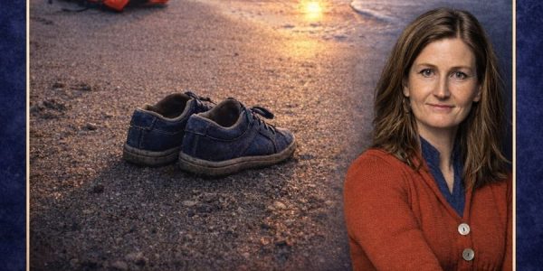 Kvinne med raude klede. Bakgrunn er ei strand med sko som står att