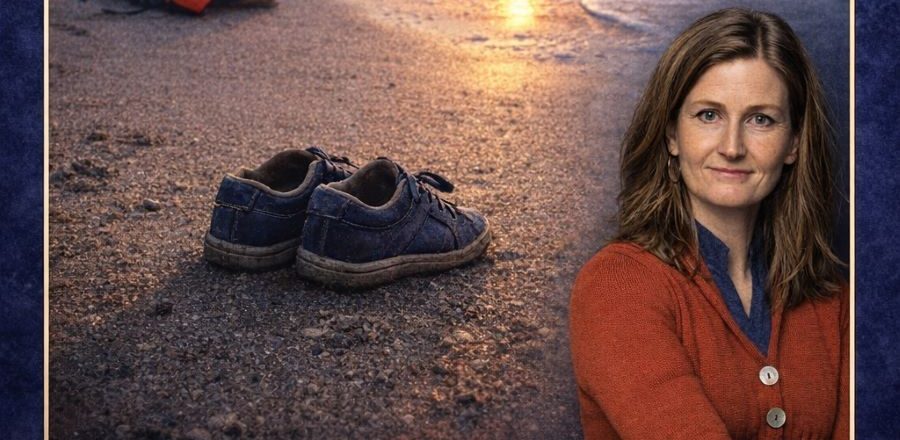 Kvinne med raude klede. Bakgrunn er ei strand med sko som står att