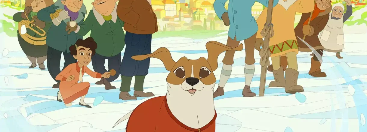 Filmplakat Titina. Animasjon av hund og mennesker i bakgrunnen