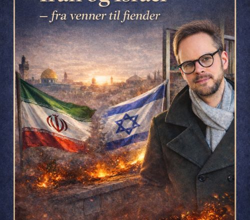 Mann med det israelske og iranske flagget i bakgrunnen