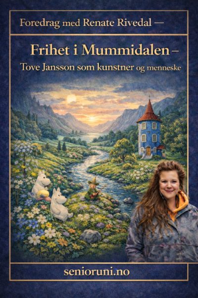 Kvinne med det som ser ut som Mummitroll og mummitrollhus i bakgrunnen