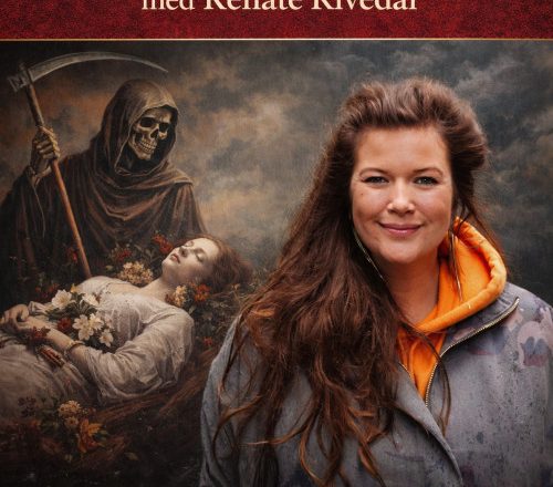 Kvinne med det som er skildra som mannen med ljåen og ung kvinne bak