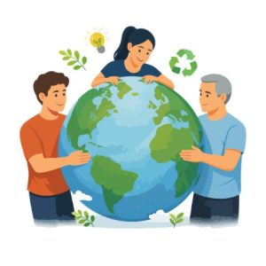 Jente, og to vaksne som held rundt ein jordklode