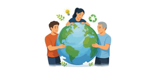 Jente, og to vaksne som held rundt ein jordklode