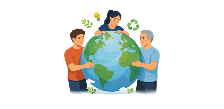 Jente, og to vaksne som held rundt ein jordklode