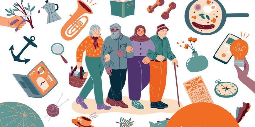 Illustrasjon av eldre mennesker med diverse illustrasjonar rundt seg. Alt frå forstørrelsesglass til kompass