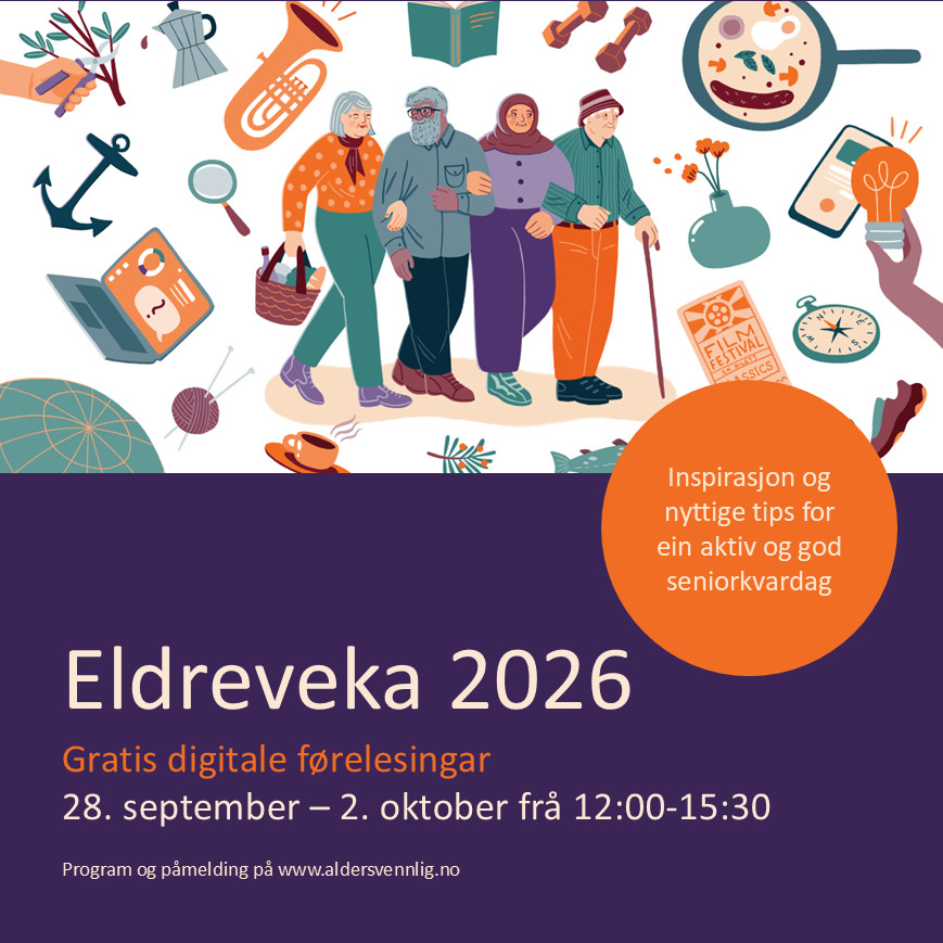 Illustrasjon av eldre mennesker med diverse illustrasjonar rundt seg. Alt frå forstørrelsesglass til kompass